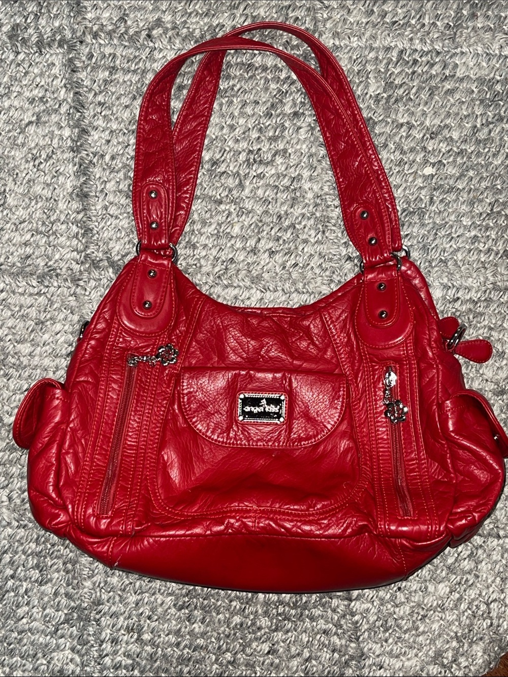 Angel Kiss Red Leather Shoulder Bag with Front Pockets